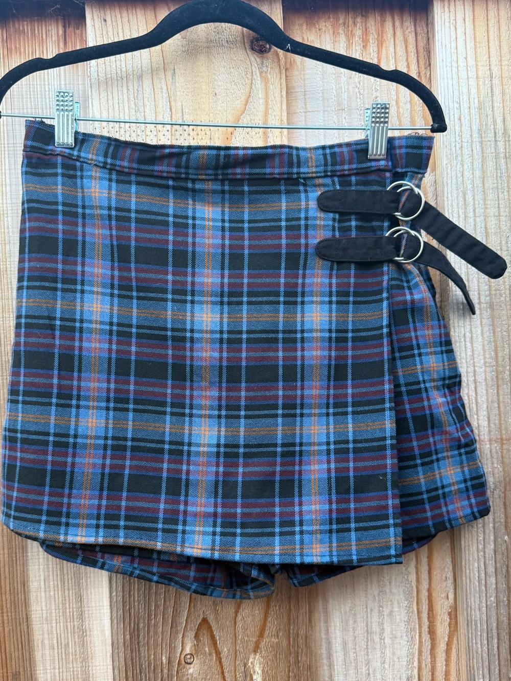 SO Plaid Wrap Skort in Navy with Rust and Sky Blue Accents